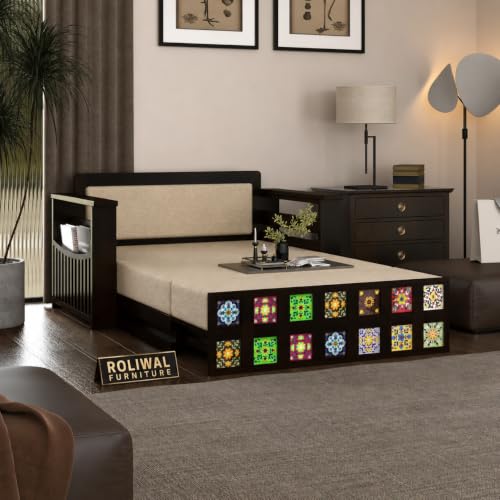Image of Solid Sheesham Wood Sofa Cums Bed with Mattress & Storage | Rosewood Convertible Sofa Bed for Living Room & Bedroom (F-Walnut Finish, 2 Seater)