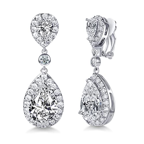 SELOVO Cubic Zirconia Wedding Bridal Clip on Teardrop Drop Earrings for Women Silver Tone - Main Image