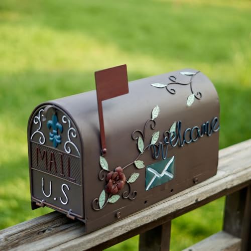 Image of Vintage Metal Post-Mount Mailbox, Decorative Mailboxes for Outside with Floral & Welcome Design