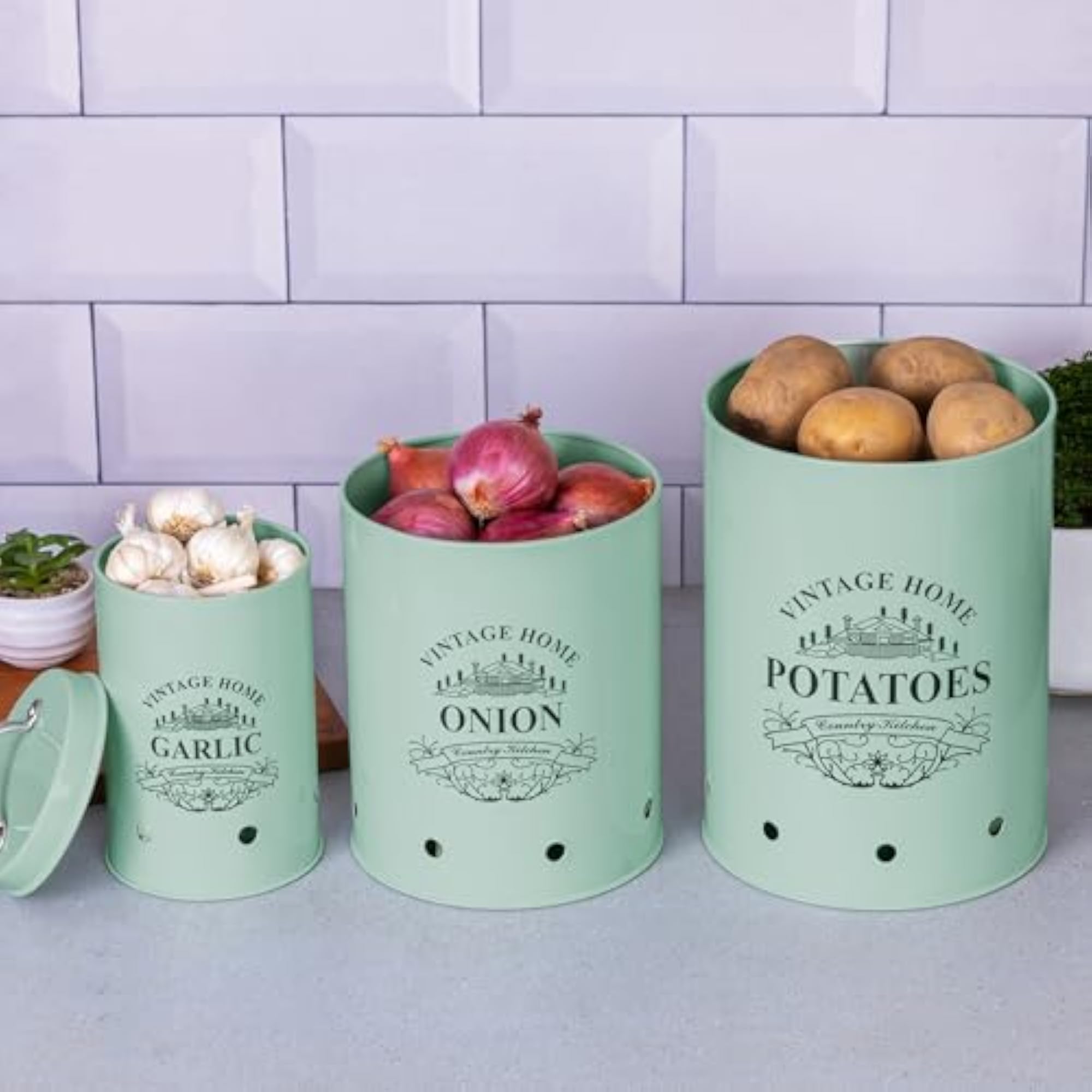 Set of 3 Round Classic Kitchen Storage Containers, Metal Jars with Lid
