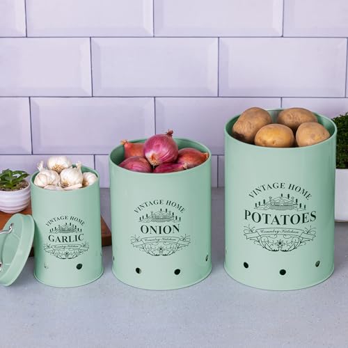 Image of Metallure Home Round Classic Kitchen Storage Containers | Set of 3 Metal Jars With Lid | Potato, Onion & Garlic (Food Safe) (Light Green)