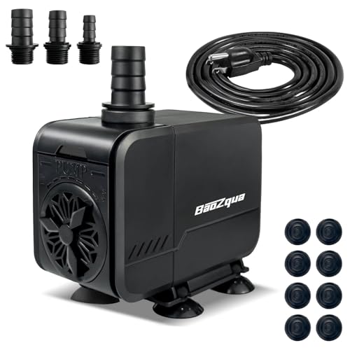 BaoZqua 320GPH (1200L/H, 15W) Submersible Water Pump, Quiet & Energy-Efficient Fountain Pump, for Aquarium, Fish Tank, Pond, Fountain, Waterfall, Hydroponics, with 3 Nozzles and 6.6ft Power Cord