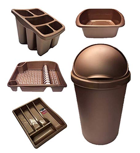 KetoPlastics ROSE GOLD 5 PIECE KITCHEN SET - 50L BULLET BIN, DISH DRAINER, WASHING UP BOWL, CUTLERY TRAY & CUTLERY DRAINER/HOLDER