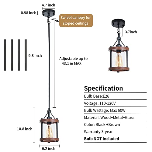 Ejerlya Farmhouse Pendant Light In Wood And Metal Cage, Rustic Brown Wood Pendant Light With Glass, Adjustable Hanging Light Fixtures thumb #6