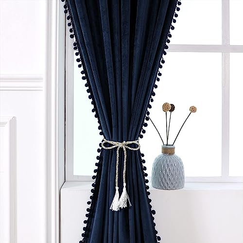 Image of Amazon Brand - Umi Velvet Eyelet Door Curtains with pom pom Lace for Living Room Bedroom Kitchen 1 pc Pack in Blue Color (Windows - 4 feet x 6 feet)