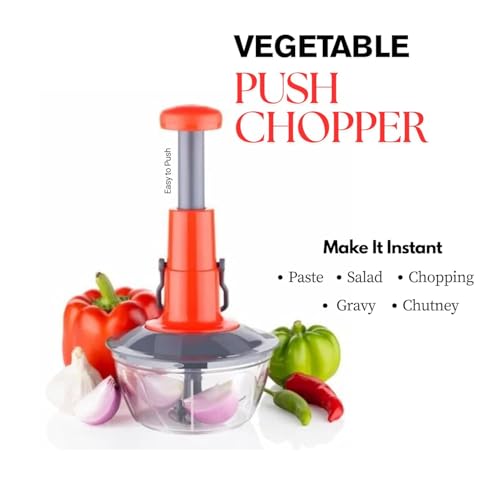 Image of Push Chopper Manual Vegetable Chopper with 3 Stainless Steel Blades, Multipurpose Kitchen Cutter for Onion, Tomato, Potato, Dry Fruit, Salad (Red,650ML)