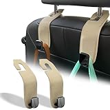 Teoenix Car Seat Headrest Hook, 2 Pack Leather Car Purses and Bags Hooks Holder Hanger for Groceries Organization Accessories, Tan