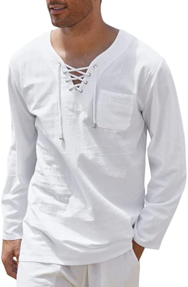 Mens Long Sleeve Cotton Linen Shirt Lace Up Casual Going Out