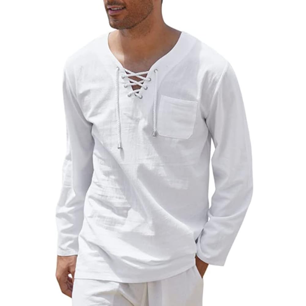 Mens Long Sleeve Cotton Linen Shirt Lace Up Casual Going Out