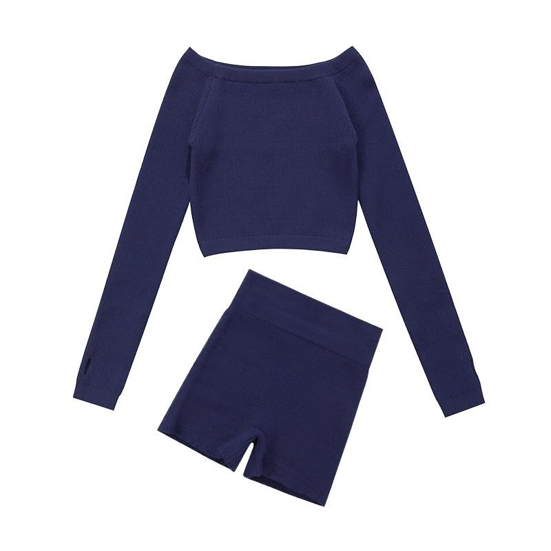 Girls Top Combo With Booty Shorts Ballet Dance Gymnastics Wear Knitted Leg Warmer Long Sleeve Pull Over Sweater Winter Set for Pilates Yoga Workout(Blue,170 Height 160-170cm)