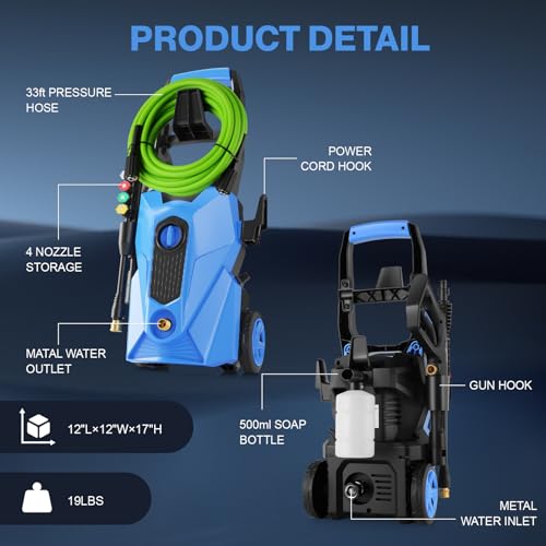 commowner 2025 New 5000PSI Pressure Cleaner, Power Cleaner with 33FT Resistant Extension Hose and 4 Nozzles, Compatible with Undercarriage Cleaners, Professional Powerwashers for Home/Car(Blue) thumbnail 5