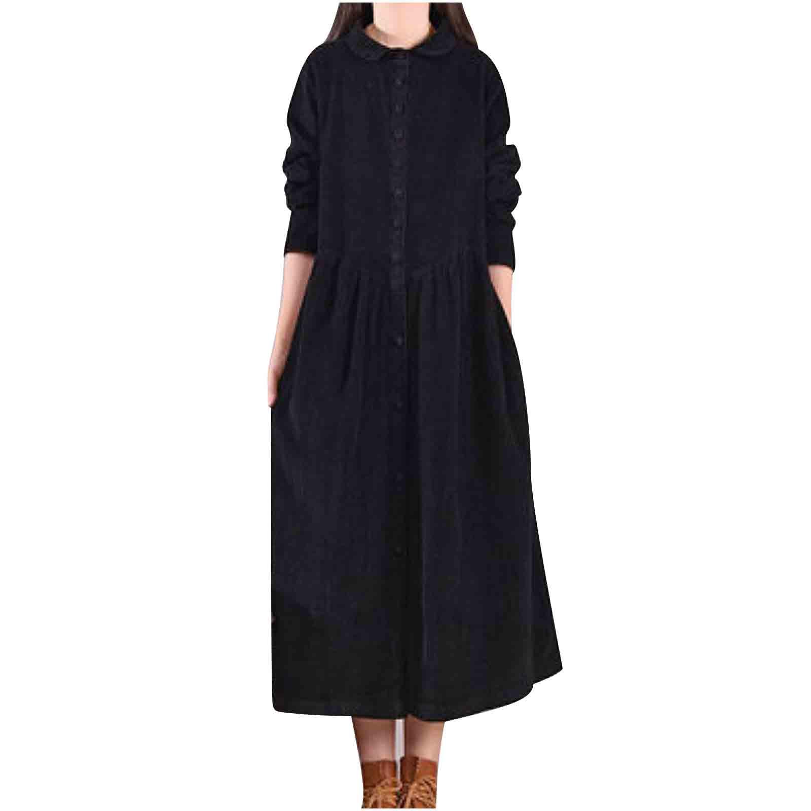 Womens Fall Winter Corduroy Midi Dress Long Sleeve Crew Neck Solid Color Button Front Flowy Shirt Dress with