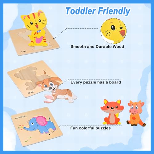 Image of 8pcs Wooden Puzzles for Toddlers 2 3 4, Toddler Puzzles Ages 1 2 3 4 | Montessori Educational Jigsaw Toys Puzzles Christmas Birthday Gift for Kids Girl Boy 1-4 Year Old (Zoo Animals)