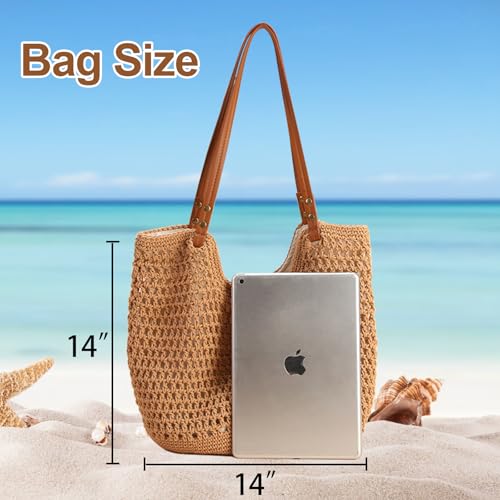 Peicees Crochet Beach Bag For Women Summer Tote Bag Boho Shoulder Bag With Leak-Proof Lining for Vacation Travel Woven Purse4
