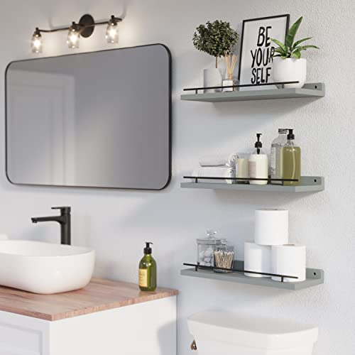 Wopitues Floating Shelves With Black Metal Guardrail, Shelves For Wall Decor Set Of 3, Wall Shelves For Bedroom, Bathroom, Kitchen, Living Room, Plants, Picture Frames, Art- Grey #TOP2