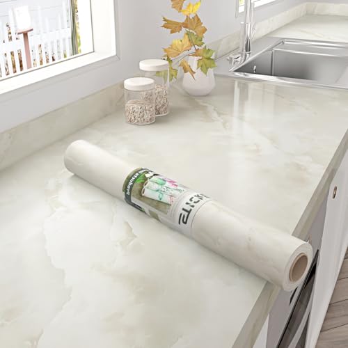 STICKEEP Thick Beige Marble Contact Paper Self Adheisve Matte Cream