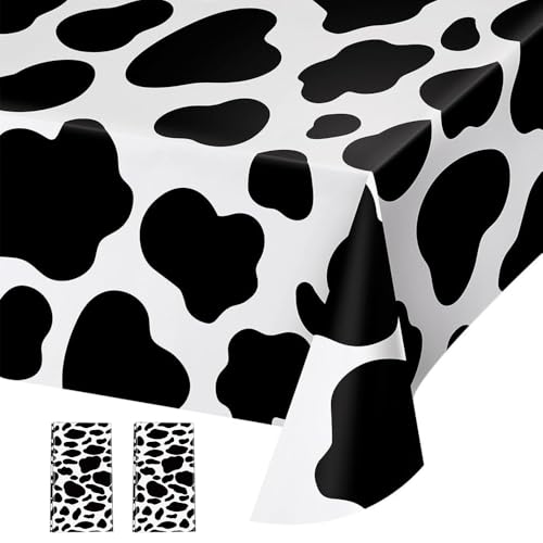 NYGHMY 2 Pcs Black and White Cow Print Plastic Tablecloths, 54" x 108" Rectangle Table Covers for Cow Print Party Supplies, Western Theme Tableware, Farm Birthday Decorations, Dance Events, Picnic (2)