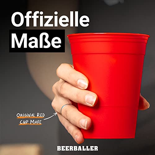 BeerBaller® Unbreakable Cups - 22 Hartplastik Beer Pong Becher & 3 Bälle | Aus recyceltem Plastik! | Mehrweg Bierpong Becher | spülmaschinenfest | 473ml/16oz - Red Cups | Made in Germany