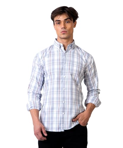 Image of TrapNation Men Regular Fit Checkered Full Sleeves Button Down Collar Casual Shirt (in, Alpha, S, Regular, Grey)