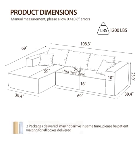 Image of 108 inch Modular Sectional Sofa,L-Shaped Cloud Couch with Deep Seats & Chaise,Convertible Corduroy Boneless Couches for Living Room,Bedroom,No-Assembly,Grey(Left Facing Chaise)