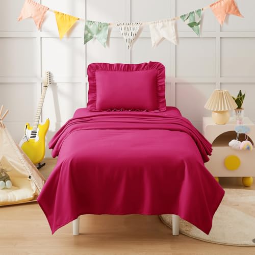 Image of KKJIAF 3 Piece Toddler Sheet Set Microfiber, Includes a Flat Sheet, a Fitted Sheet and a Ruffle Pillowcase, Hot Pink