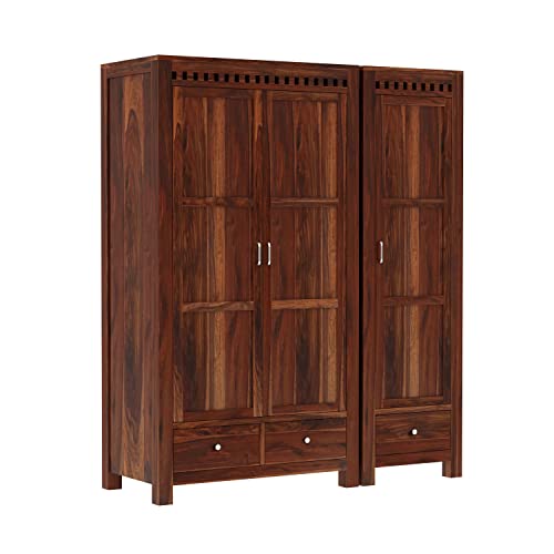 Image of WOODLAB Furniture Sheesham Wood 3 Door Wardrobe Storage with 3 Drawers Wooden Multipurpose Almirah for Home Living Room - Natural Finish