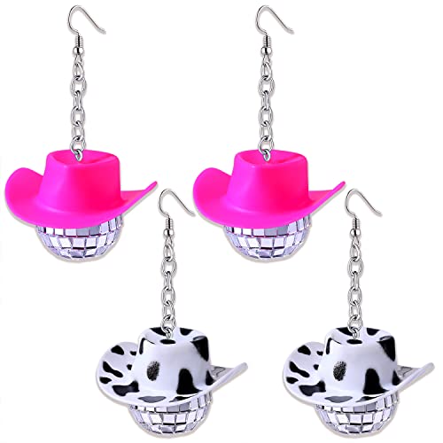 Disco Ball Earrings for Women, Western Cowboy Hat Earrings Mirror Ball Earrings 60s 70s Outfits Dance Party Costume Accessory Gifts