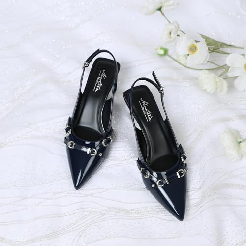 Image of Mostrin Kitten Heels for Women Pointed Toe Pumps Patent Leather Low Heel Slingback Heels with Buckle Dress Shoes for Dating Party Working