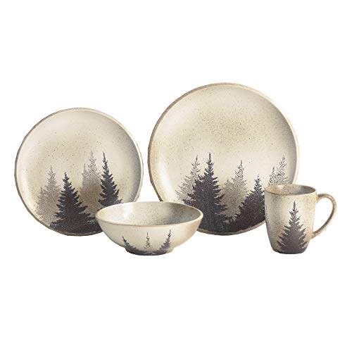 H HIEND ACCENTS Paseo Road Rustic Dinnerware Set Clearwater Pines Ceramic 16 Piece Forest Pine Tree Theme Dishware Set with Dinner Plates, Bowls, Salad Plates, Coffee Mugs, Log Cabin Dish Set for 4