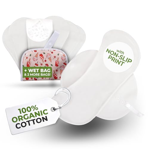 Salvaslip reutilizables antideslizantes para adolescentes (S, 7 uds); lavables a alta T°, 100% transpirables, sin olores; salvaslip de tela en algodón orgánico para flujo blanco y uso diario (sin PUL)