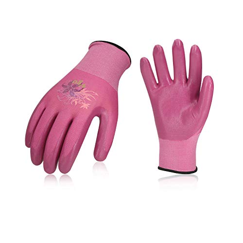 Preisvergleich Produktbild Vgo 3 Paare Nitrilbeschichtungshandschuhe, Garten- und Arbeitbeitshandschuhe, Weiblich (8 / M, Violett & Hellgrün & Rosa, NT2110)