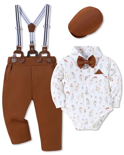 Image of WESIDOM Baby Boy Clothes 0-18M Newborn Infant Gentleman Outfit, Shirt+Bowtie+Beret+Suspender Pant Baby boy Suit Clothing Set