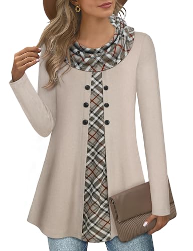 Bebonnie Womens Long Sleeve Cowl Neck Warm Splicing Tunic Tops with Buttons