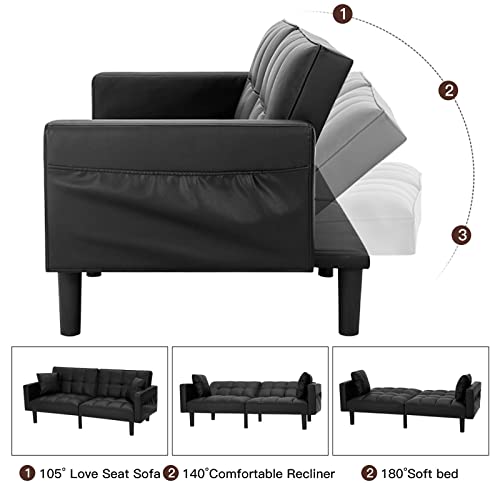 Avawing Futon Sofa Bed, Modern Leather Convertible Sofa Bed Upholstered Sleeper Sofa Couch Bed With Adjustable Back, Arms And High Strength Nylon Legs For Living Room, Apartment, Office（Black） #TOP3