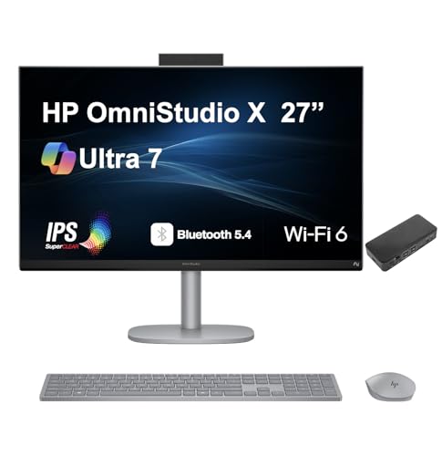Image of HP OmniStudio X OmniStudio Copilot + All-in-One 27 inch IPS 4K UHD Display (Intel Ultra 7-256V, 16GB LPDDR5X, 4TB PCIe SSD, Intel Arc 140V, WiFi 6, Webcam, Bluetooth 5.4, Win 11 Home) w /USB-C Dock