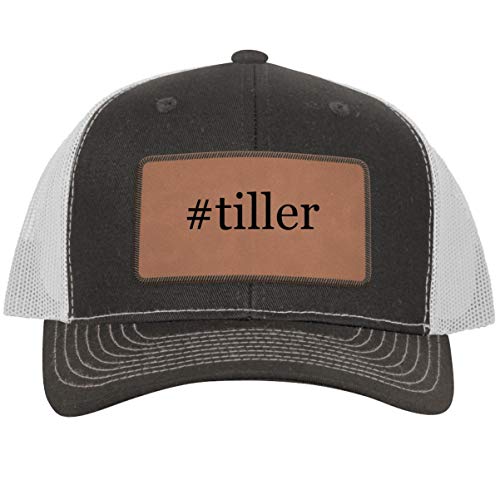 #Tiller - Leather Hashtag Patch Engraved Trucker Hat, Grey-White, One Size