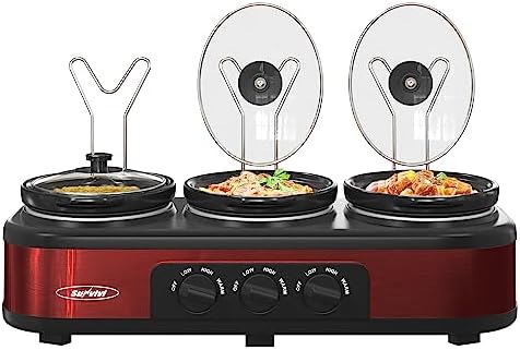 Sunvivi Triple Slow Cooker Buffet Servers and Warmer,3 Pot Food Small Mini Manual with Adjustable Temp Stainless Steel Lid Rests,Removable Ceramic Pot,4.5 QT Red 3*1.5QT Sunvivi Triple Slow Cooker Buffet Servers and Warmer,3 Pot Food Small Mini Manual with Adjustable Temp Stainless Steel Lid Rests,Removable Ceramic Pot,4.5 QT Red 3*1.5QT