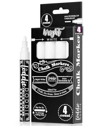 Loddie Doddie Liquid Chalk Markers - Pack of 4, 6mm White Chalk Markers for Chalkboard, Window, Glass & Bistro, Bullet & Chisel Tip - Erasable Ink Pens for Blackboard - Chalkboard Pens Erasable