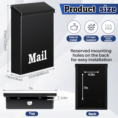 Image of MorningRo 12.2 x 8.66 x 3 Inch Large Black Wall Mount Mailbox with Lock Key for Outside Apartment Porch Rust Proof Security Key Drop Box for Letters Newspapers Cards