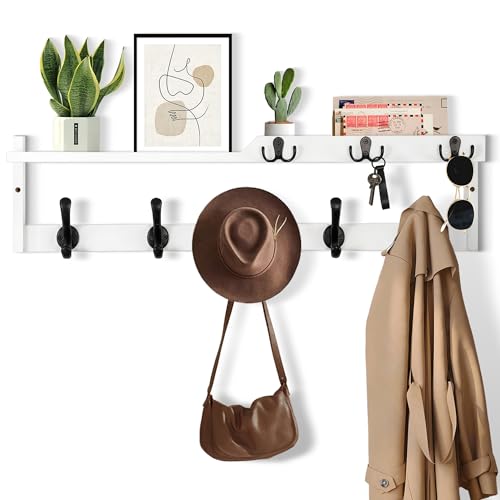 29'' Coat Rack Wall Mount with Shelf, Coat Hanger Wall Mount with Key Hooks and Mail Holder, Wood Entryway Floating Shelf with Hooks and Storage, Hat Rack for Wall Key Holder Mail Organizer