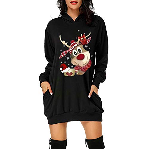 YAnGSale Top Women Christmas Hoodies Ladies Bag Hip Dress Xmas Cute Elk Print Blouse Pocket Long Tops Hooded Tunic Sweater (Black, XL)