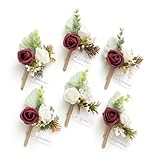 Ling's moment Burgundy Boutonniere for Men Boutonnieres for Wedding Red Groomsmen Boutonniere with Pins Set of 6 for French Fall Rustic Boho Wedding