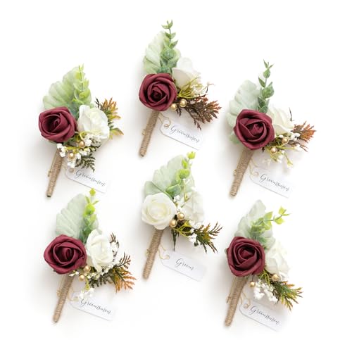 Ling's Moment Boutonniere for Men, 6pcs Groom Groomsmen Boutonniere, Artificial Flowers for Wedding Decor/Prom/Homecoming, etc.Burgundy White