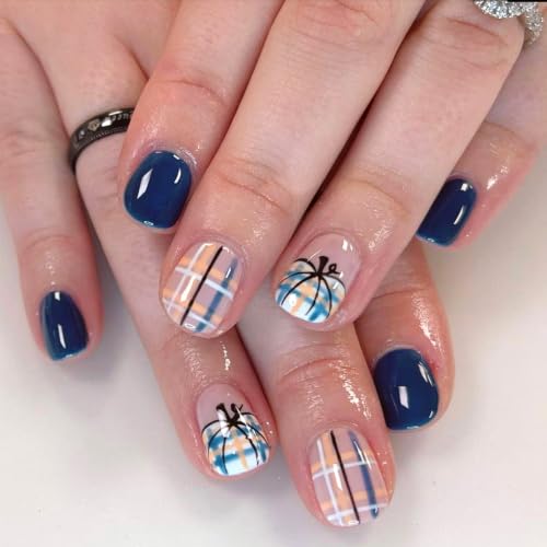 Fall Press on Nails Short Square Navy Blue Plaid Pumpkin Fake Nails