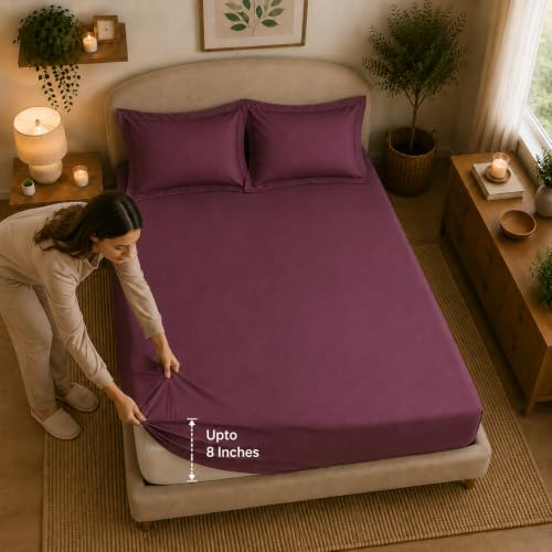 Image of Linen Home Cotton Percale Fitted Bedsheet Set King Size Damson Berry