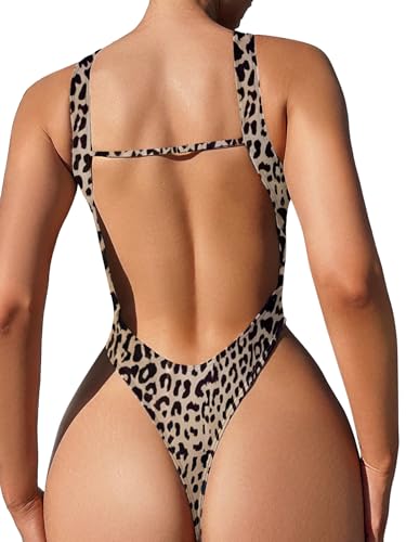 Foxiny Plus Size Sexy Backless Cheeky High Cut Leg Thong V Neck One Piece Swimsuit Women Tummy Control Brazilian Open Back Bathing Suit Bikini Leopard 2 XX-Large