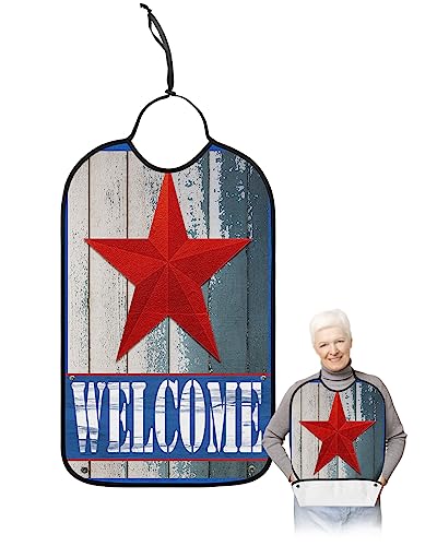 Independence Day Adult Bibs for Eating, Waterproof Bibs with Food Catcher & Adjustable Snap Closure, Welcome Retro Red Star Blue Board Washable Clothing Protectors Adult Bibs for Elderly Women/Men