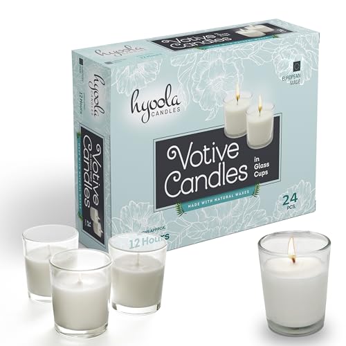 Image of Hyoola White Votive Candles in Glass - Pack of 24 Votive Candle - 12 Hour Burn Time - Unscented Votive Candles - European Made Glass Votives