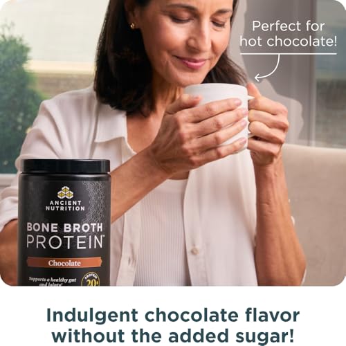 Image of Ancient Nutrition Protein Powder Made from Real Bone Broth, Chocolate, 20g Protein Per Serving, 20 Serving Tub, Gluten Free Hydrolyzed Collagen Peptides Supplement, Great in Protein Shakes (Pack of 2)