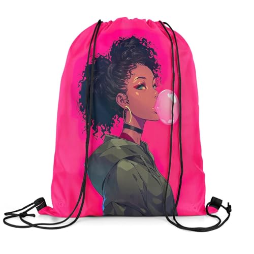 Image of jejeloiu Cool Black Drawstring Backpack 13x15.7inch African American Waterproof Gym Drawstring Bags Pink Sports String Backpack Beach Swim Travel Bag Sackpack(No Glitter)